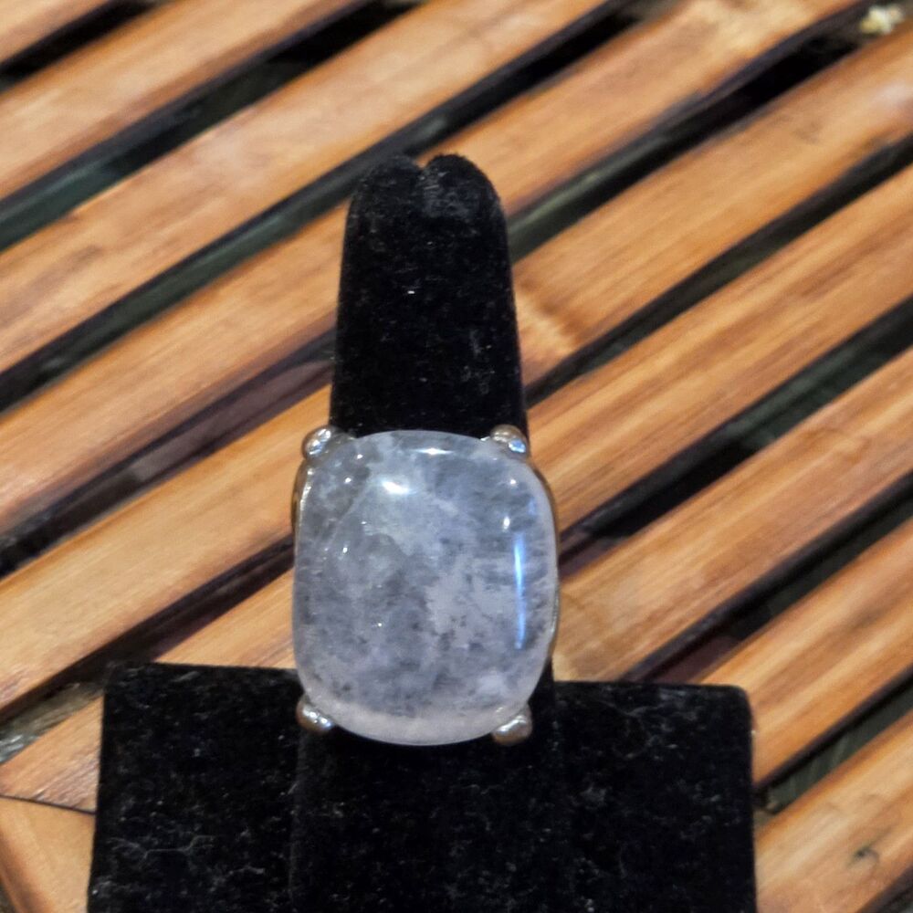 Vintage Silver Tone Rose Quartz Statement Ring Cushion Cabochon Size 7.5 Unique